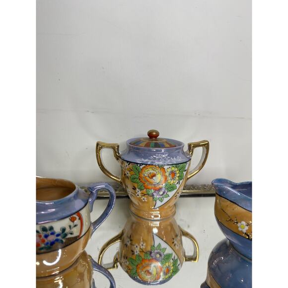 Lusterware Kitchen Set Sugar Creamer Painted Ethnic Asian Japanese Iridescent - Picture 8 of 10